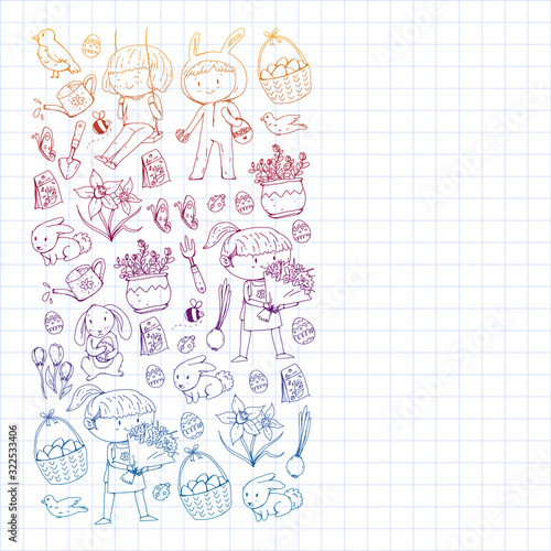 Vector pattern with easter and spring elements. Eggs in basket, bunny, flowers, birds