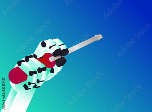 Robotic hand is holding screwdriver. Isolated on blue background. vector illustration.