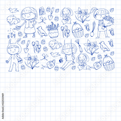 Vector pattern with easter and spring elements. Eggs in basket, bunny, flowers, birds