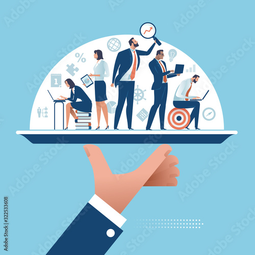 Service. Experts team on a platter. Concept vector illustration.