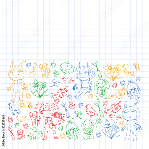 Vector pattern with easter and spring elements. Eggs in basket, bunny, flowers, birds