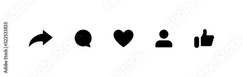 Social media icons thumb up and heart icon with repost and comment. Flat signs icons on white background. Vector photo