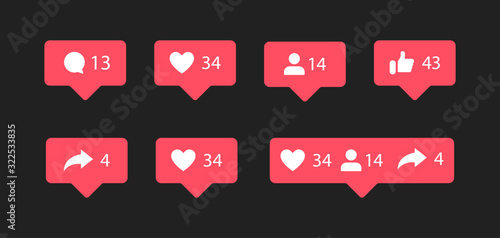 Social media icons thumb up and heart icon with repost and comment. Flat signs icons on red and black background. Vector