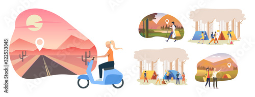 Set of camping illustrations. Flat vector illustrations of people enjoying hiking, Nordic walking, playing guitar outdoors. Activity concept for banner, website design or landing web page