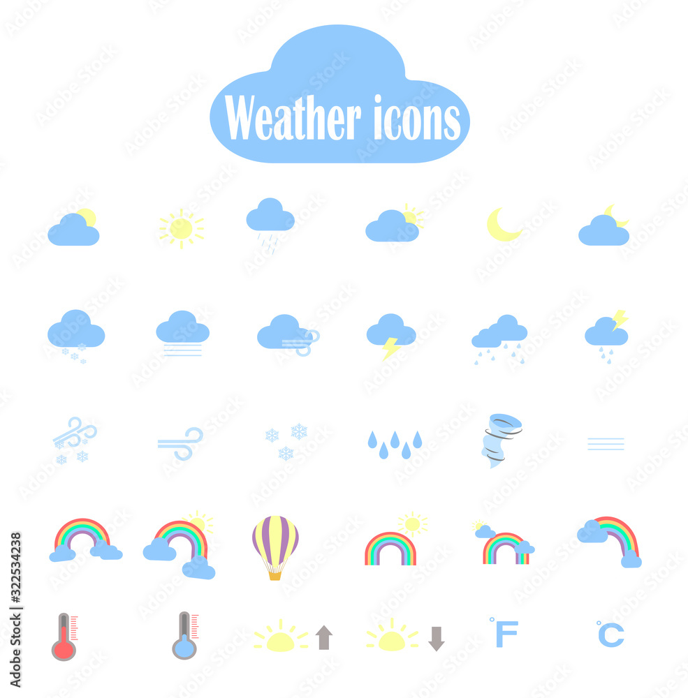 Obraz premium Big vector set of weather forecast flat icons. Web icons for the application - weather forecast. Weather template app in simple style 