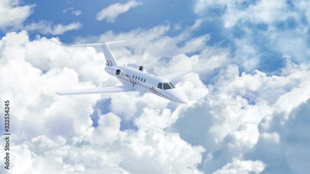 Aerial view of charter private jet flying above white clouds in a clear sunny day, camera camera in front of the plane, 3d render Aerial view of charter private jet flying above white clouds in a clear sunny day, camera camera in front of the plane, 3d render
