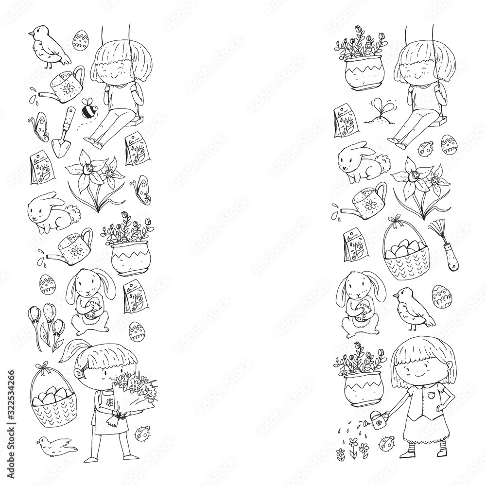 Vector pattern with easter and spring elements. Eggs in basket, bunny, flowers, birds