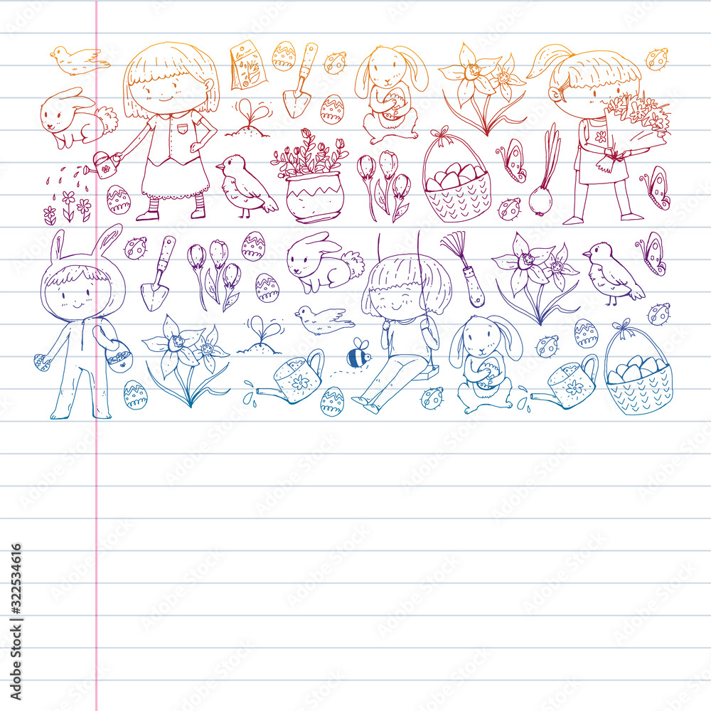 Fototapeta premium Vector pattern with easter and spring elements. Eggs in basket, bunny, flowers, birds