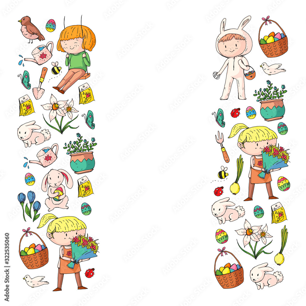 Vector pattern with easter and spring elements. Eggs in basket, bunny, flowers, birds Vector pattern with easter and spring elements. Eggs in basket, bunny, flowers, birds