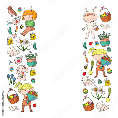 Vector pattern with easter and spring elements. Eggs in basket  bunny  flowers  birds