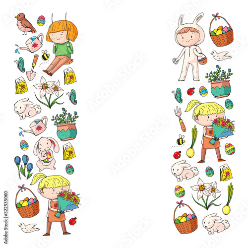 Vector pattern with easter and spring elements. Eggs in basket, bunny, flowers, birds