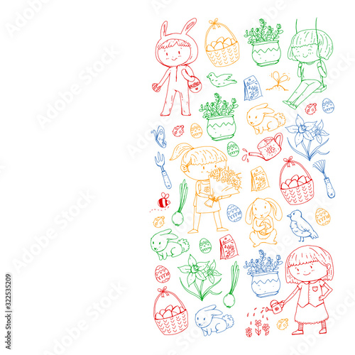 Vector pattern with easter and spring elements. Eggs in basket, bunny, flowers, birds