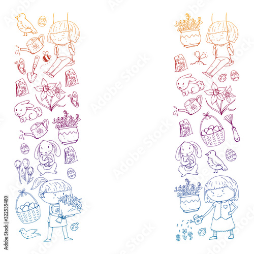 Vector pattern with easter and spring elements. Eggs in basket, bunny, flowers, birds
