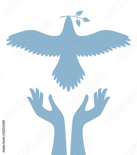 Vector blue symbol helping hands holding flying dove with twig. Isolated on white background.