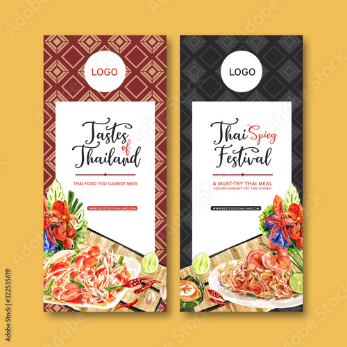 Thai food flyer design with papaya salad, Pad Thai illustration watercolor.