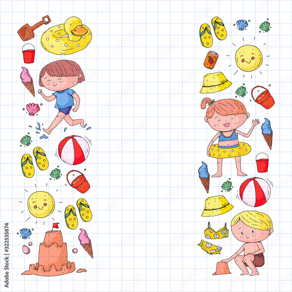 Children summer vacation. Holidays with little kids. Sea, beach and ocean. Travel and adventure vector pattern.