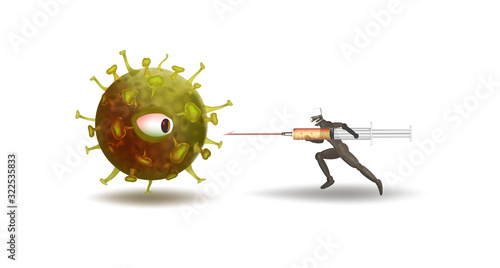 Doctor is fighting coronavirus. Realistic virus cell. Coronavirus 2019-nCov vaccine. Beat virus. Inject medicine. Defeat disease. Vector. Doctor goes on attack on pathogenic organism. Give injection.