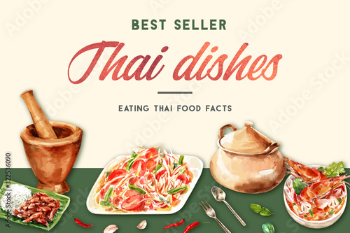 Thai food frame design with papaya salad, tom yum soup illustration watercolor.