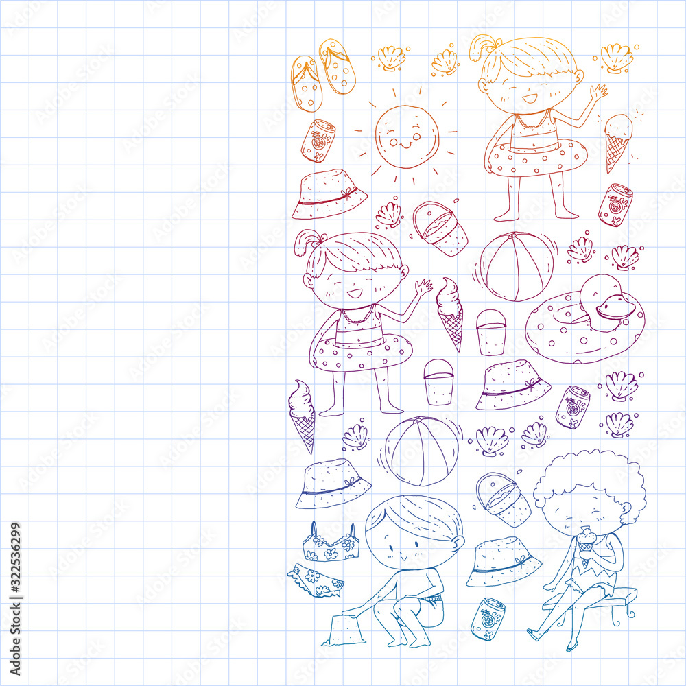 Children summer vacation. Holidays with little kids. Sea, beach and ocean. Travel and adventure vector pattern. Children summer vacation. Holidays with little kids. Sea, beach and ocean. Travel and adventure vector pattern.