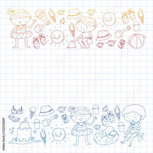 Children summer vacation. Holidays with little kids. Sea, beach and ocean. Travel and adventure vector pattern.