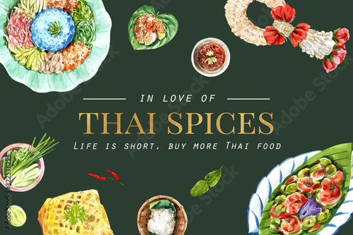 Thai food frame design with stir fried parkia and shrimp illustration watercolor.