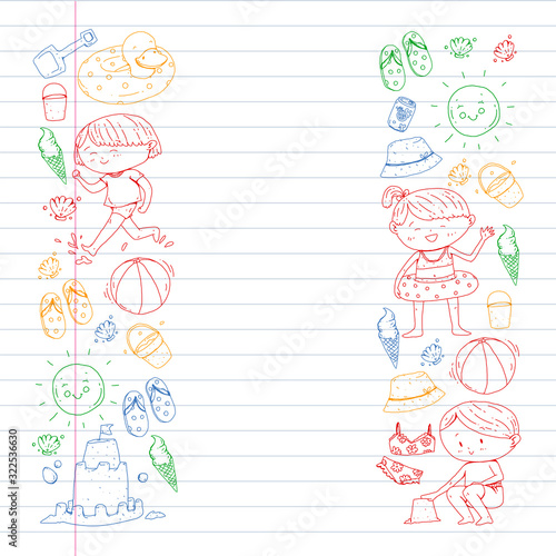 Children summer vacation. Holidays with little kids. Sea, beach and ocean. Travel and adventure vector pattern.