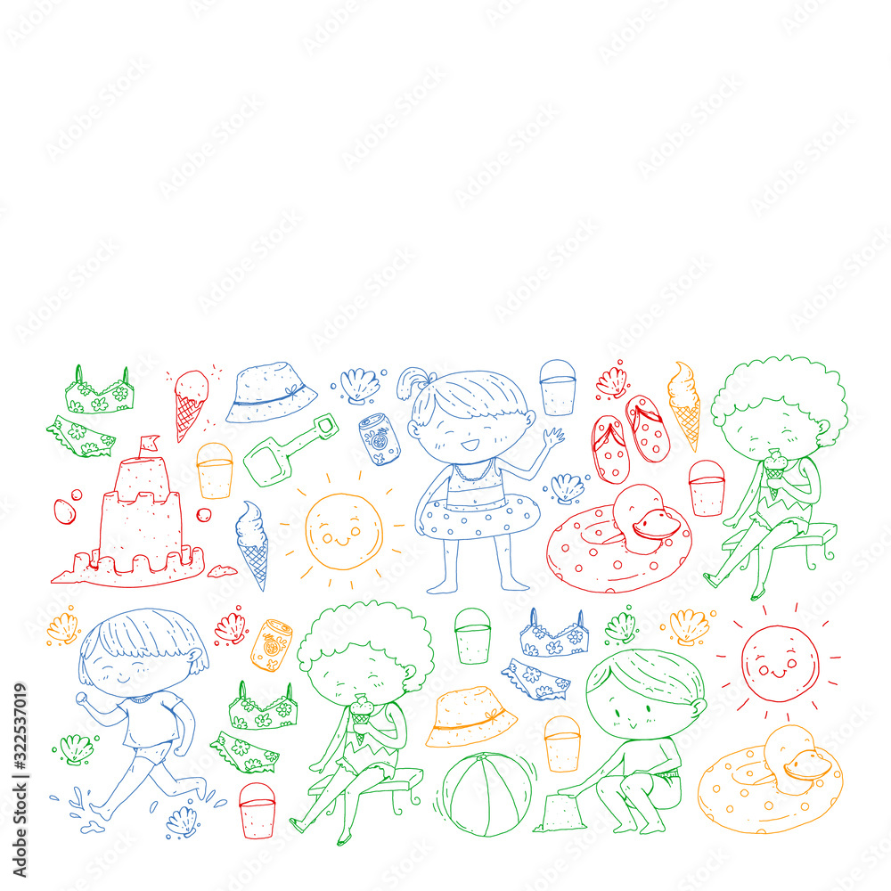 Children summer vacation. Holidays with little kids. Sea, beach and ocean. Travel and adventure vector pattern. Children summer vacation. Holidays with little kids. Sea, beach and ocean. Travel and adventure vector pattern.
