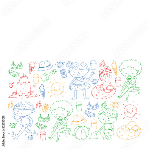 Children summer vacation. Holidays with little kids. Sea, beach and ocean. Travel and adventure vector pattern.