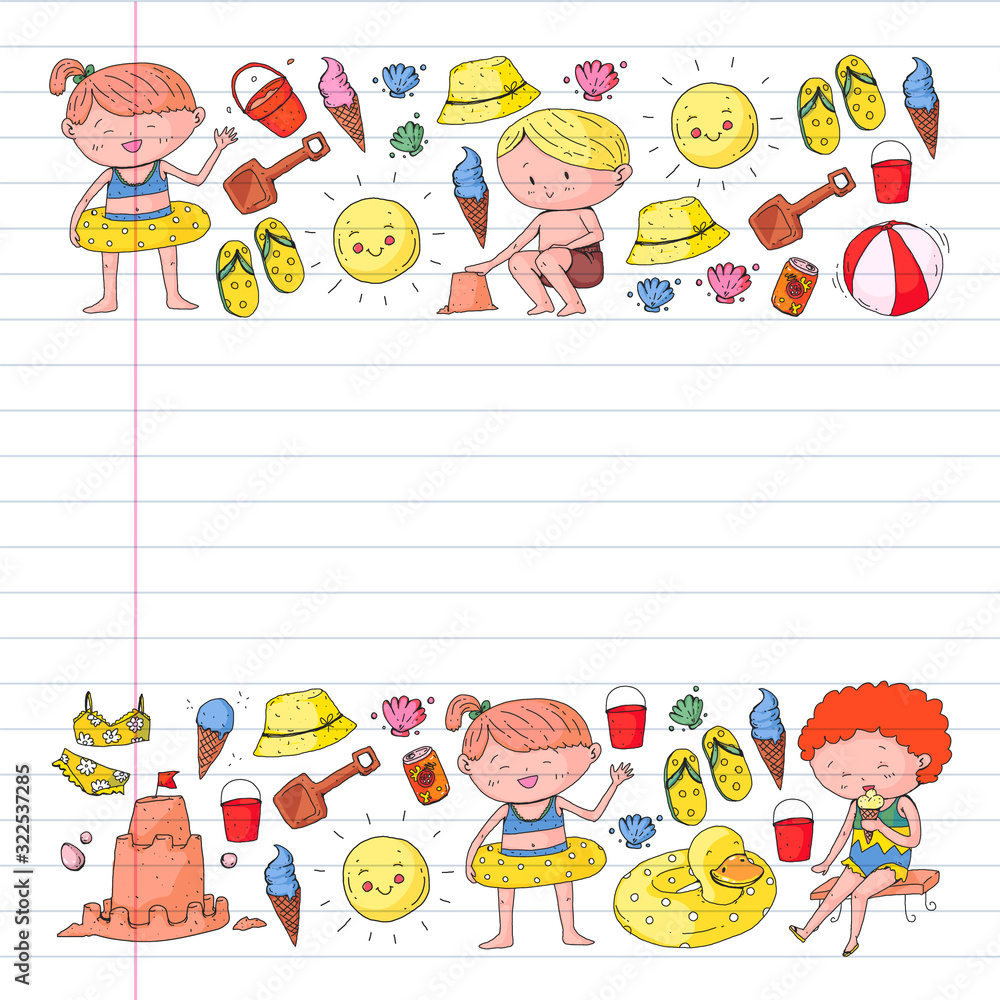 Naklejka premium Children summer vacation. Holidays with little kids. Sea, beach and ocean. Travel and adventure vector pattern.