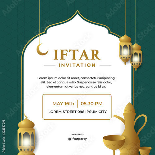 Iftar invitation flyer poster template design with islamic traditional lantern lamp and classic arabic teapot vector illustration