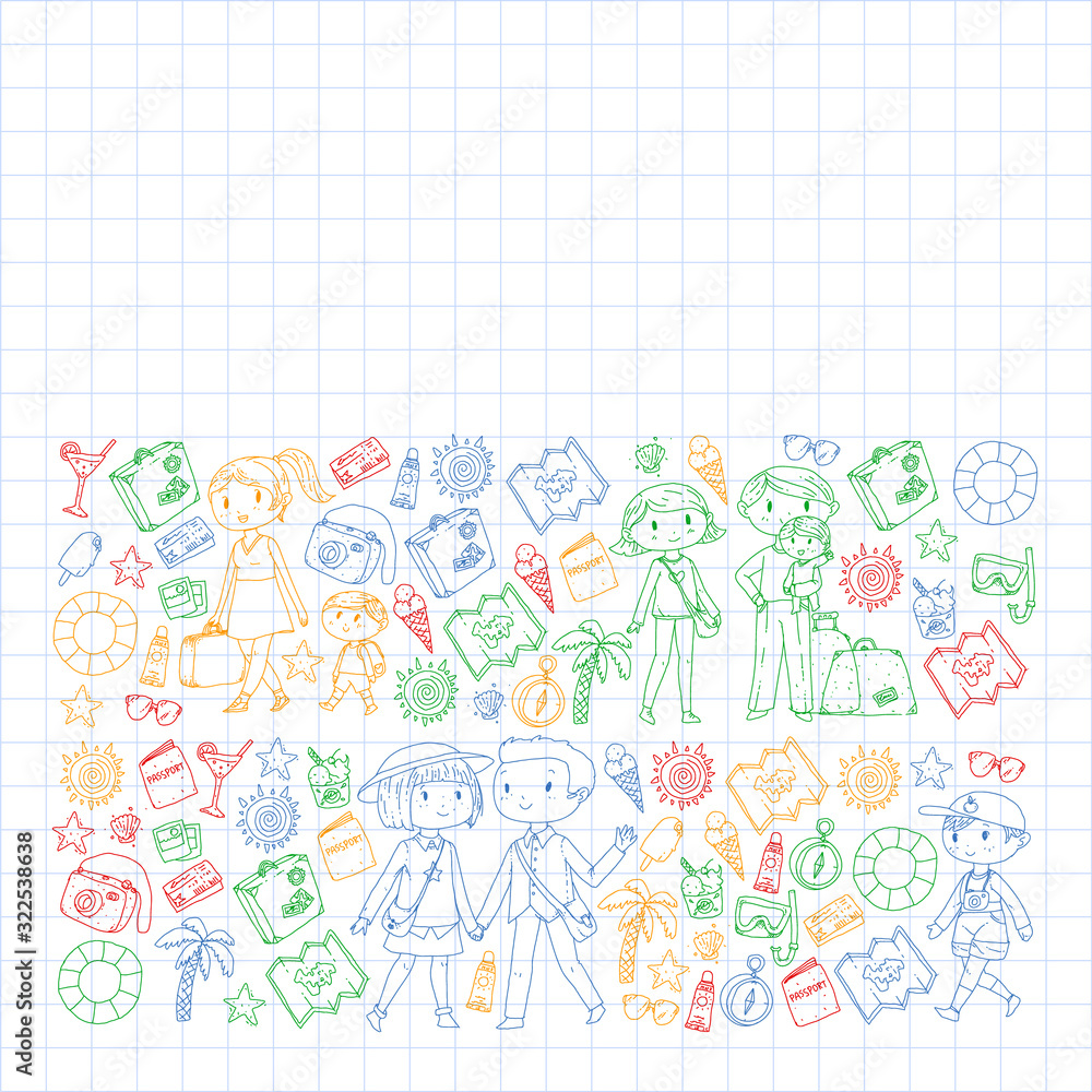 Vector pattern with travel and beach icons. Parents with little kids. Children summer vacation.