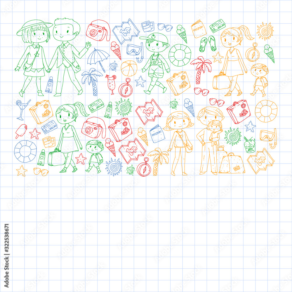 Vector pattern with travel and beach icons. Parents with little kids. Children summer vacation. Vector pattern with travel and beach icons. Parents with little kids. Children summer vacation.