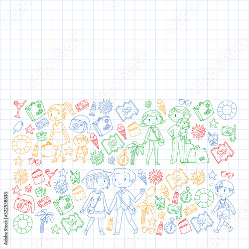 Vector pattern with travel and beach icons. Parents with little kids. Children summer vacation.