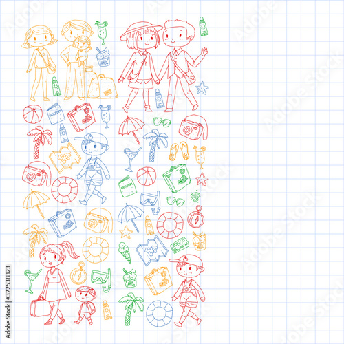 Vector pattern with travel and beach icons. Parents with little kids. Children summer vacation.