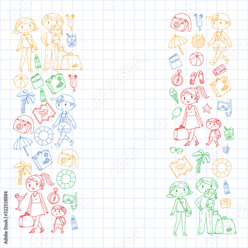 Vector pattern with travel and beach icons. Parents with little kids. Children summer vacation.