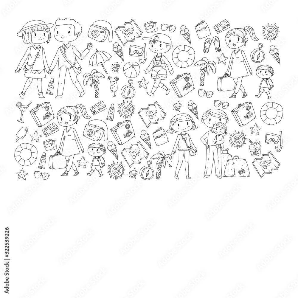 Plakat Vector pattern with travel and beach icons. Parents with little kids. Children summer vacation.