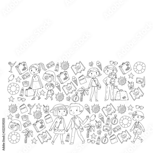 Vector pattern with travel and beach icons. Parents with little kids. Children summer vacation.