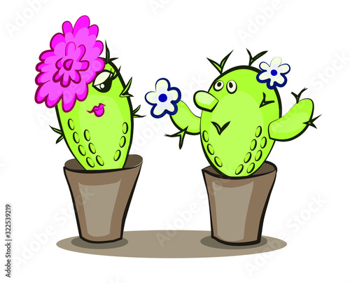 Funny kaktus flowers. Houseplants. Cartoon illustration isolated on white.