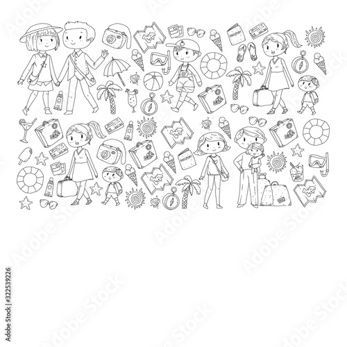 Vector pattern with travel and beach icons. Parents with little kids. Children summer vacation.