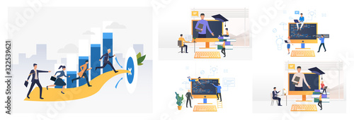 Programming studying set. Students writing application codes on computer. Flat vector illustrations. Software, education concept for banner, website design or landing web page