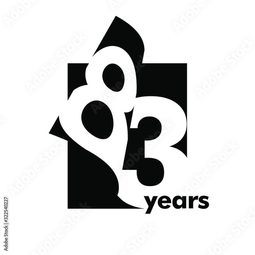 Isolated abstract logo 83 years. In the form of an open book, magazine. Happy greeting card for the 83th birthday. Black color writing on white background. photo