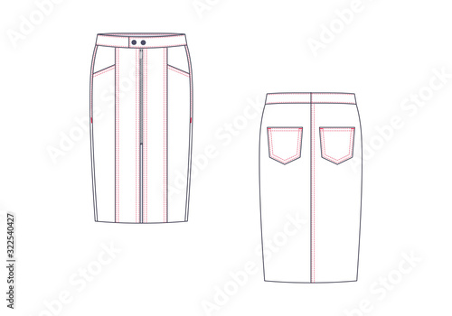 Technical drawing of midi jean skirt. Fashion template.