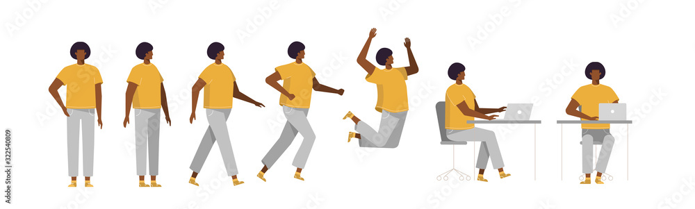 Set of Afro American man in different poses. Male character for your design  project, animation. Vector trendy illustration, flat design. White  background, isolated. Boy walk, stand, run, jump, sit Stock Vector |