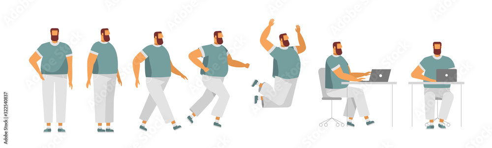 Set of fat man in different poses. Male character for your design project,  animation. Vector trendy illustration, flat design. White background,  isolated. Boy walk, stand, run, jump, sit Stock Vector | Adobe