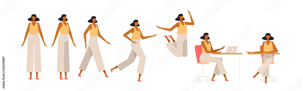 Set of a fashionable woman in different poses. Female character for your  design project, animation. Vector trendy illustration, flat style. White  background, isolated. Girl walk, stand, run, jump, sit Stock Vector |