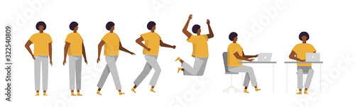 Set of Afro American man in different poses. Male character for your design project, animation. Vector trendy illustration, flat design. White background, isolated. Boy walk, stand, run, jump, sit