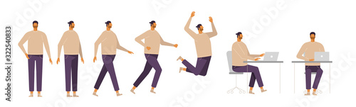 Collection of young man in different poses. Male character for your design project, animation. Vector cartoon illustration, flat design. White background, isolated. Boy walk, stand, run, jump, sit
