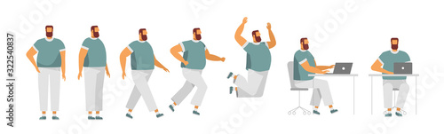 Set of fat man in different poses. Male character for your design project, animation. Vector trendy illustration, flat design. White background, isolated. Boy walk, stand, run, jump, sit