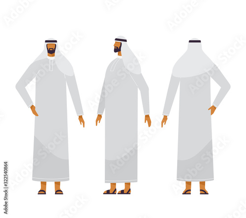 Collection of body positions for animation. Front, side, rear. Different poses male character. Arab young man in traditional clothing Thobe. Vector illustration. Flat design, isolated on white