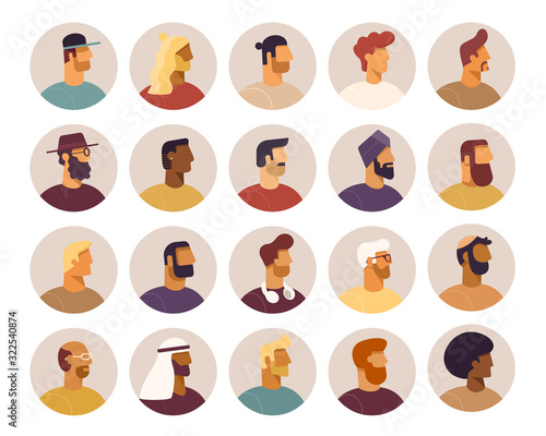Collection of circle icon with male cartoon characters. Faces various nationality, side view. Blond, brunet, redhead, african american, asian, muslim, european. Set of avatars. Vector, flat design